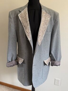 Vintage Levi’s Suit Blazer Upcycled Metallic Trim Oversized Gray Jacket 44R